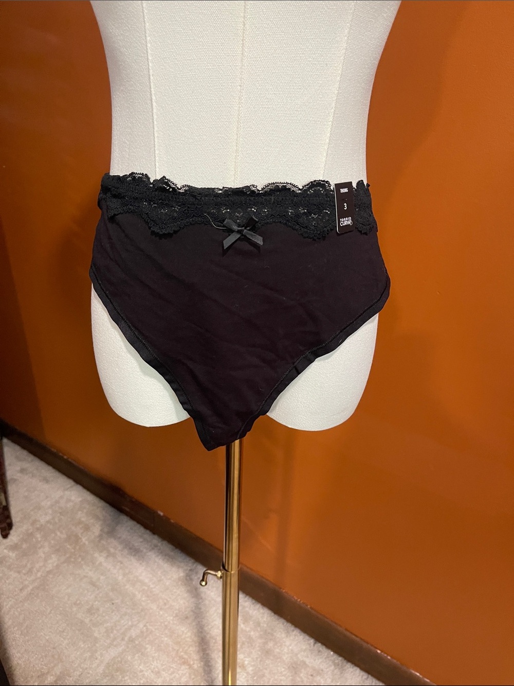 Black Lace Trim High-Waist Bikini Thong